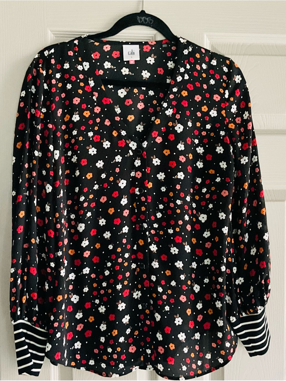 CAbi Black Floral Button-Front Blouse — Red, White & Orange Flowers